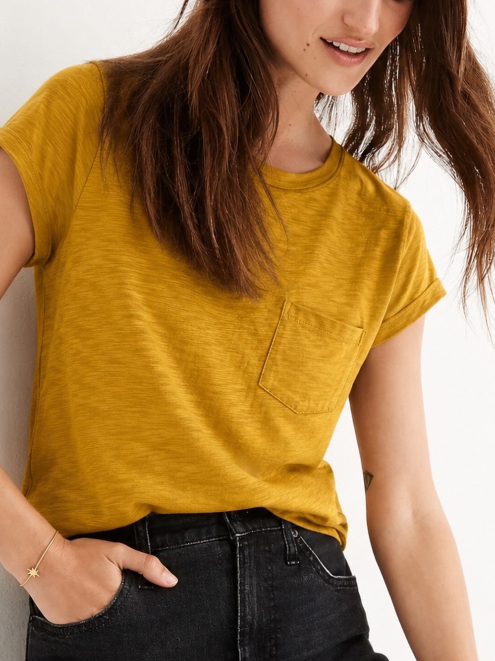 Madewell Marigold Boxy Pocket Cap Sleeve Tee Slub Cotton T-Shirt Size Large